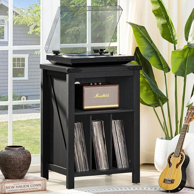 Alt view image 5 of 6 - Record Player Stand with Vinyl Record Storage, Record Player Table Holds up to 160 Albums,Large Wood Turntable Stand Cabinet Dispaly Shelf for Living Room,Bedroom,Office - Black