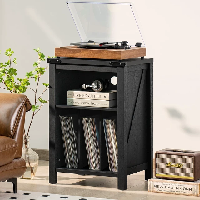 Alt view image 4 of 6 - Record Player Stand with Vinyl Record Storage, Record Player Table Holds up to 160 Albums,Large Wood Turntable Stand Cabinet Dispaly Shelf for Living Room,Bedroom,Office - Black