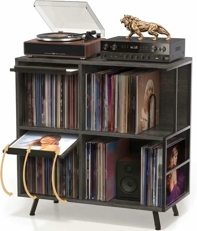 Main image of 3 Tier Record Player Stand with Flip-Down Record Shelf, Vinyl Record Storage Holds up to 300+ Albums, Turntable Stand with Album Display, Record Table with Large Open Storage