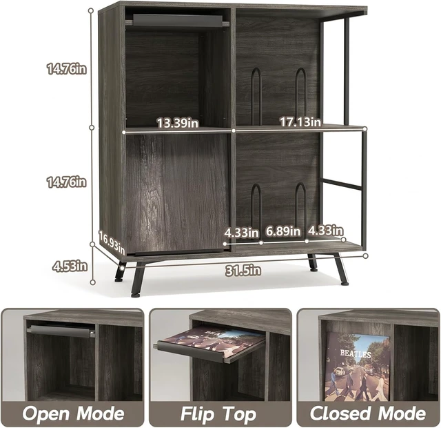 Alt view image 2 of 7 - 3 Tier Record Player Stand with Flip-Down Record Shelf, Vinyl Record Storage Holds up to 300+ Albums, Turntable Stand with Album Display, Record Table with Large Open Storage