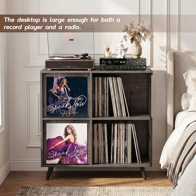 Alt view image 5 of 7 - 3 Tier Record Player Stand with Flip-Down Record Shelf, Vinyl Record Storage Holds up to 300+ Albums, Turntable Stand with Album Display, Record Table with Large Open Storage