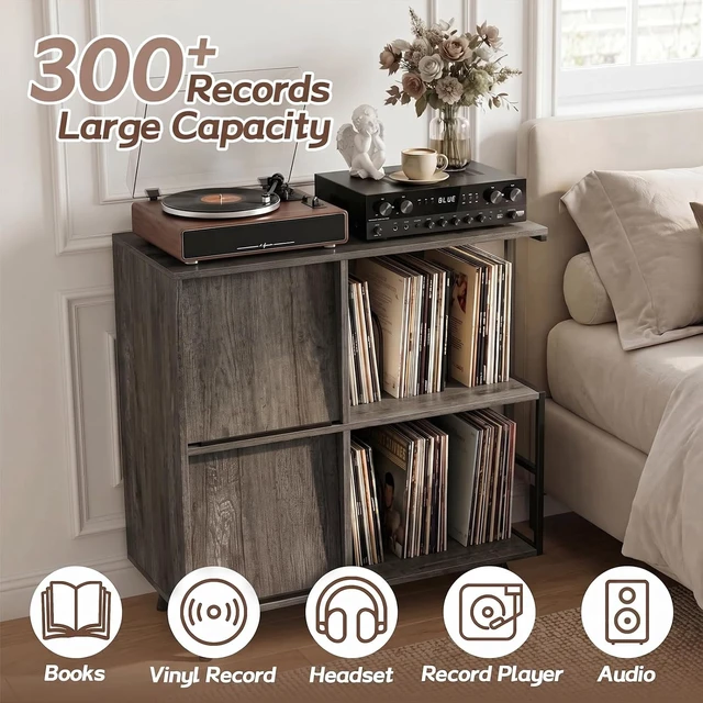 Alt view image 7 of 7 - 3 Tier Record Player Stand with Flip-Down Record Shelf, Vinyl Record Storage Holds up to 300+ Albums, Turntable Stand with Album Display, Record Table with Large Open Storage