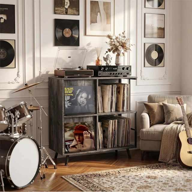 Alt view image 3 of 7 - 3 Tier Record Player Stand with Flip-Down Record Shelf, Vinyl Record Storage Holds up to 300+ Albums, Turntable Stand with Album Display, Record Table with Large Open Storage