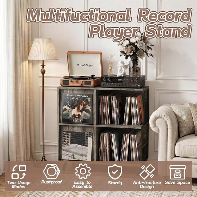 Alt view image 4 of 7 - 3 Tier Record Player Stand with Flip-Down Record Shelf, Vinyl Record Storage Holds up to 300+ Albums, Turntable Stand with Album Display, Record Table with Large Open Storage