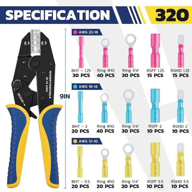 Alt view image 6 of 7 - 320PCS Heat Shrink Wire Connectors Set, 9" Wire Crimper Full-Cycle Ratchet, Adhesive-Lined Sleeves, 15 Sizes, Clear Lid, Removable Bins, Automotive Wiring