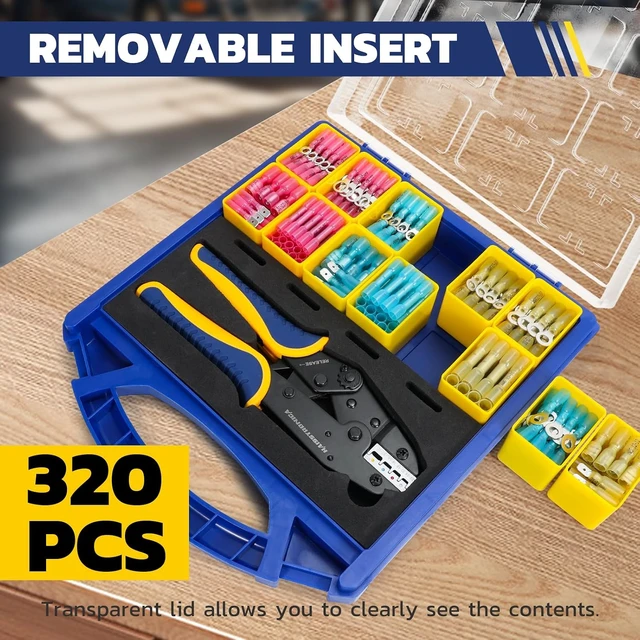 Alt view image 4 of 7 - 320PCS Heat Shrink Wire Connectors Set, 9" Wire Crimper Full-Cycle Ratchet, Adhesive-Lined Sleeves, 15 Sizes, Clear Lid, Removable Bins, Automotive Wiring