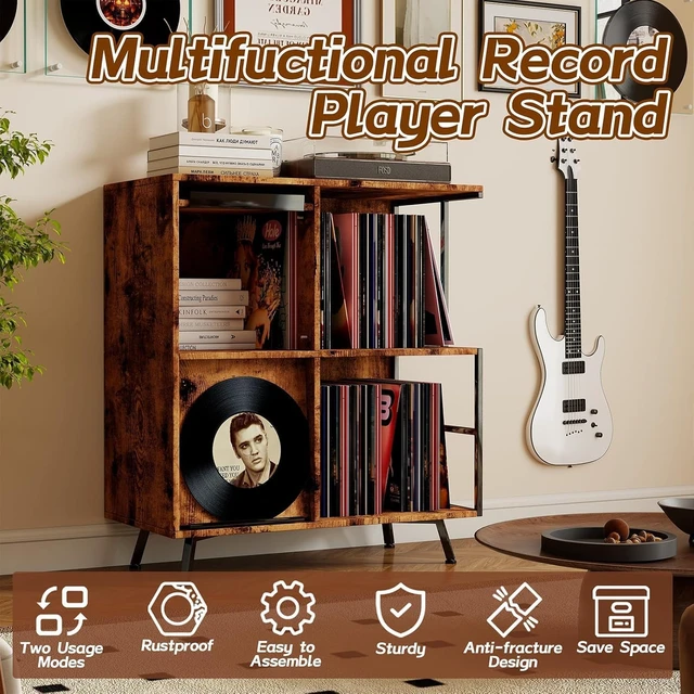 Alt view image 6 of 7 - 3 Tier Record Player Stand with Flip-Down Record Shelf, Vinyl Record Storage Holds up to 300+ Albums, Turntable Stand with Album Display, Record Table with Large Open Storage Brown