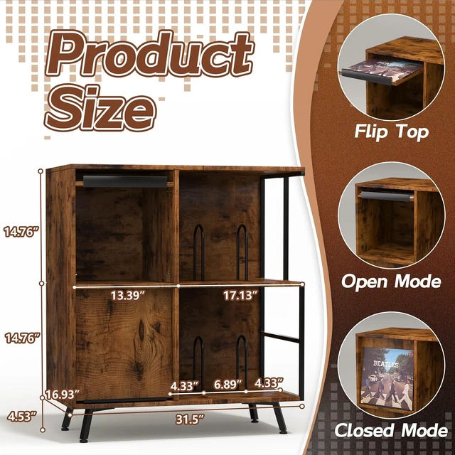 Alt view image 2 of 7 - 3 Tier Record Player Stand with Flip-Down Record Shelf, Vinyl Record Storage Holds up to 300+ Albums, Turntable Stand with Album Display, Record Table with Large Open Storage Brown