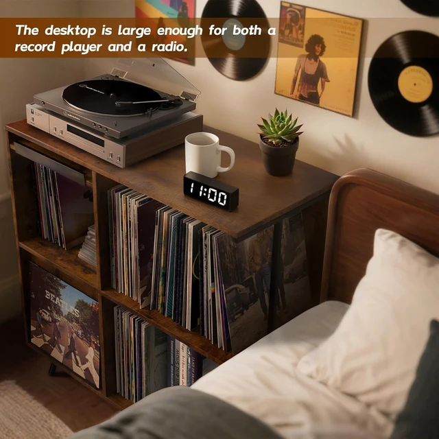 Alt view image 3 of 7 - 3 Tier Record Player Stand with Flip-Down Record Shelf, Vinyl Record Storage Holds up to 300+ Albums, Turntable Stand with Album Display, Record Table with Large Open Storage Brown
