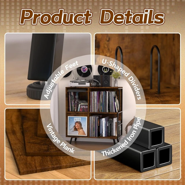 Alt view image 4 of 7 - 3 Tier Record Player Stand with Flip-Down Record Shelf, Vinyl Record Storage Holds up to 300+ Albums, Turntable Stand with Album Display, Record Table with Large Open Storage Brown