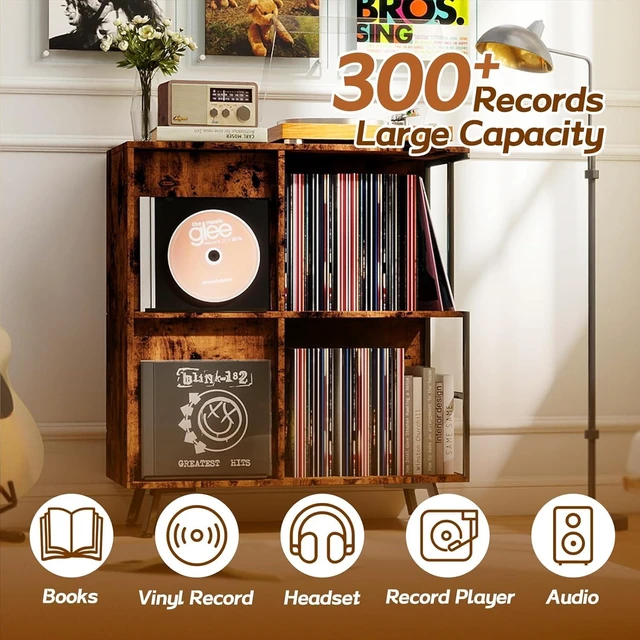 Alt view image 7 of 7 - 3 Tier Record Player Stand with Flip-Down Record Shelf, Vinyl Record Storage Holds up to 300+ Albums, Turntable Stand with Album Display, Record Table with Large Open Storage Brown