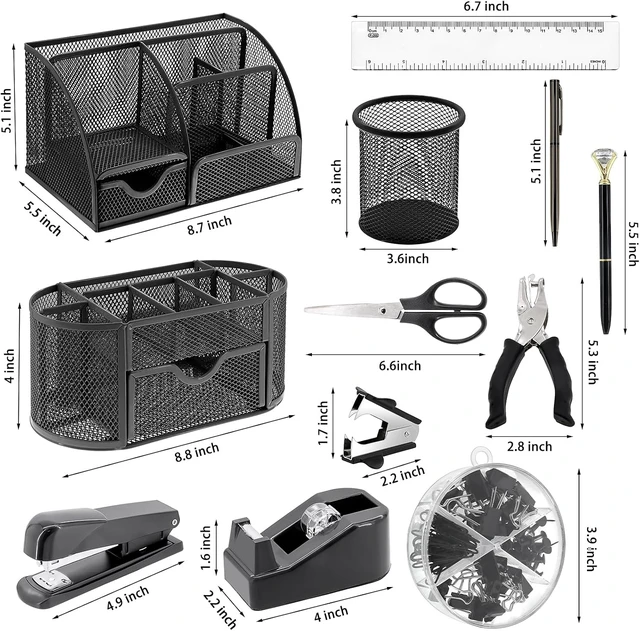 Alt view image 2 of 7 - 17 IN 1 Office Desk Organizer Set for Back to School Supplies Accessories
3 Office Desk Storage Organization, 4 Pens, Stapler, Staples & Remover, Tape & Dispenser, Scissors, Ruler, Clips, Hole Punch