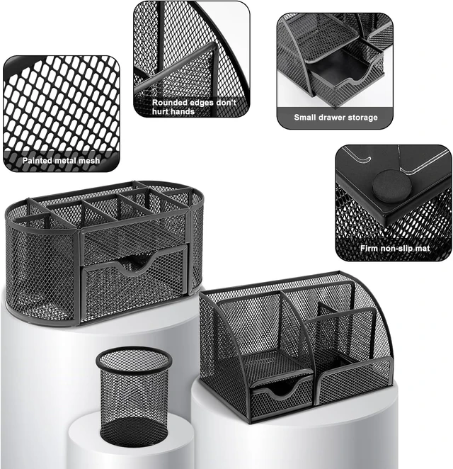 Alt view image 4 of 7 - 17 IN 1 Office Desk Organizer Set for Back to School Supplies Accessories
3 Office Desk Storage Organization, 4 Pens, Stapler, Staples & Remover, Tape & Dispenser, Scissors, Ruler, Clips, Hole Punch