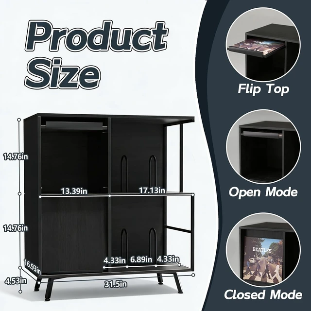 Alt view image 2 of 7 - 3 Tier Record Player Stand with Flip-Down Record Shelf, Vinyl Record Storage Holds up to 300+ Albums, Turntable Stand with Album Display, Record Table with Large Open Storage Black