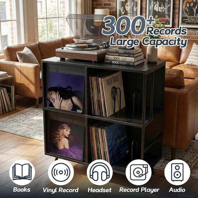 Alt view image 4 of 7 - 3 Tier Record Player Stand with Flip-Down Record Shelf, Vinyl Record Storage Holds up to 300+ Albums, Turntable Stand with Album Display, Record Table with Large Open Storage Black
