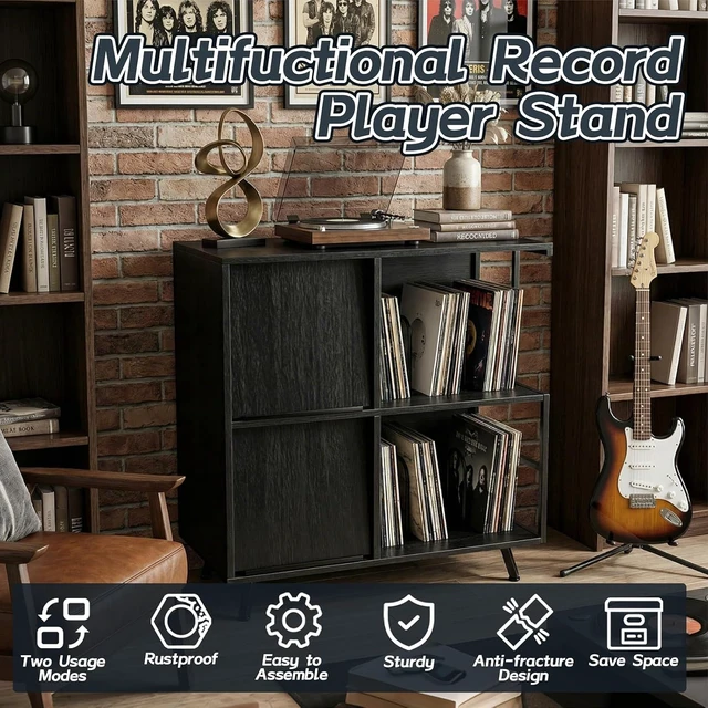 Alt view image 5 of 7 - 3 Tier Record Player Stand with Flip-Down Record Shelf, Vinyl Record Storage Holds up to 300+ Albums, Turntable Stand with Album Display, Record Table with Large Open Storage Black