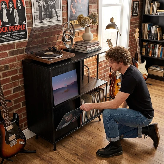 Alt view image 3 of 7 - 3 Tier Record Player Stand with Flip-Down Record Shelf, Vinyl Record Storage Holds up to 300+ Albums, Turntable Stand with Album Display, Record Table with Large Open Storage Black
