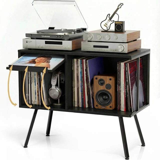 Main image of Record Player Stand with Flip-Down Record Shelf, Vinyl Record Storage Holds up to 150+ Albums, Turntable Stand with Album Display, Record Table with Large Open Storage