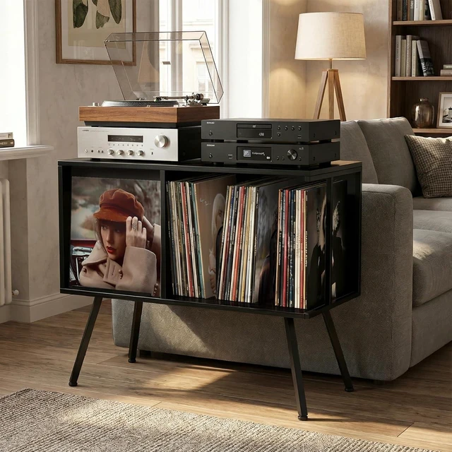 Alt view image 7 of 7 - Record Player Stand with Flip-Down Record Shelf, Vinyl Record Storage Holds up to 150+ Albums, Turntable Stand with Album Display, Record Table with Large Open Storage