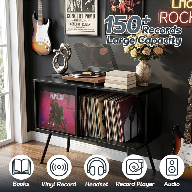 Alt view image 4 of 7 - Record Player Stand with Flip-Down Record Shelf, Vinyl Record Storage Holds up to 150+ Albums, Turntable Stand with Album Display, Record Table with Large Open Storage