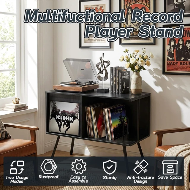 Alt view image 2 of 7 - Record Player Stand with Flip-Down Record Shelf, Vinyl Record Storage Holds up to 150+ Albums, Turntable Stand with Album Display, Record Table with Large Open Storage