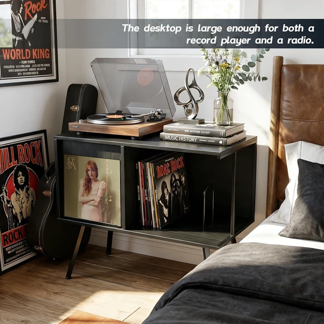 Alt view image 3 of 7 - Record Player Stand with Flip-Down Record Shelf, Vinyl Record Storage Holds up to 150+ Albums, Turntable Stand with Album Display, Record Table with Large Open Storage