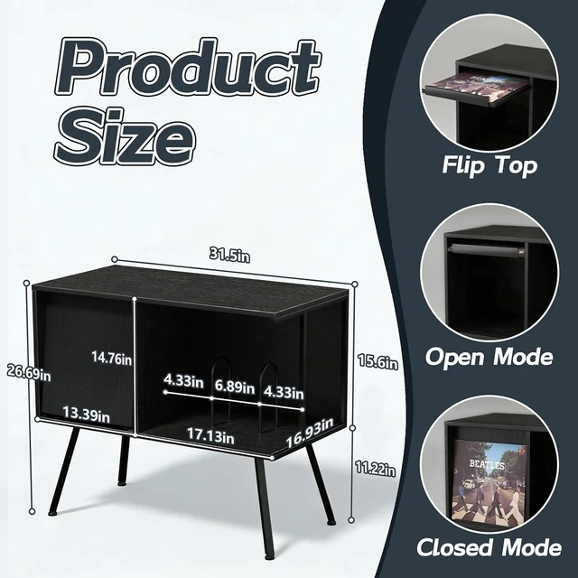 Alt view image 6 of 7 - Record Player Stand with Flip-Down Record Shelf, Vinyl Record Storage Holds up to 150+ Albums, Turntable Stand with Album Display, Record Table with Large Open Storage