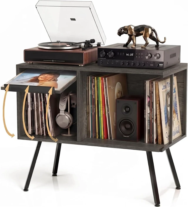 Main image of Record Player Stand with Flip-Down Record Shelf, Vinyl Record Storage Holds up to 150+ Albums, Turntable Stand with Album Display, Record Table with Large Open Storage Grey