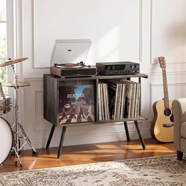 Alt view image 2 of 7 - Record Player Stand with Flip-Down Record Shelf, Vinyl Record Storage Holds up to 150+ Albums, Turntable Stand with Album Display, Record Table with Large Open Storage Grey