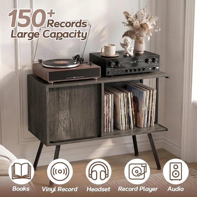 Alt view image 3 of 7 - Record Player Stand with Flip-Down Record Shelf, Vinyl Record Storage Holds up to 150+ Albums, Turntable Stand with Album Display, Record Table with Large Open Storage Grey
