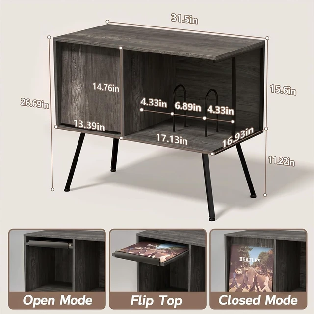 Alt view image 4 of 7 - Record Player Stand with Flip-Down Record Shelf, Vinyl Record Storage Holds up to 150+ Albums, Turntable Stand with Album Display, Record Table with Large Open Storage Grey