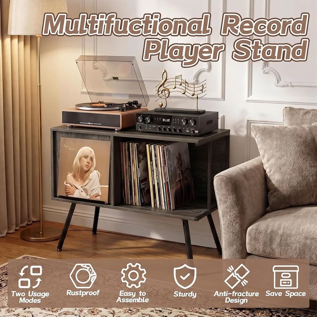 Alt view image 6 of 7 - Record Player Stand with Flip-Down Record Shelf, Vinyl Record Storage Holds up to 150+ Albums, Turntable Stand with Album Display, Record Table with Large Open Storage Grey