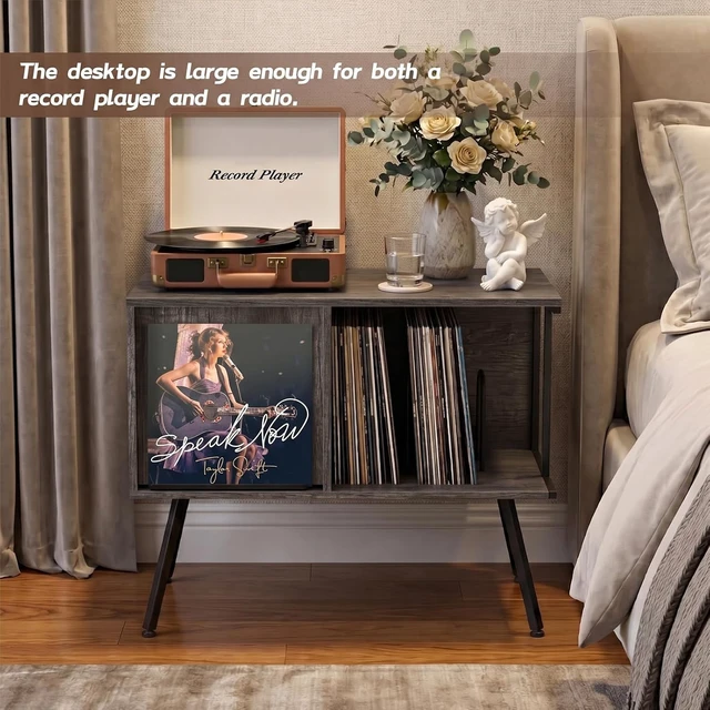 Alt view image 7 of 7 - Record Player Stand with Flip-Down Record Shelf, Vinyl Record Storage Holds up to 150+ Albums, Turntable Stand with Album Display, Record Table with Large Open Storage Grey