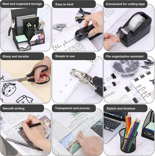 Alt view image 4 of 7 - 13-in-1 Office Desk Organizer Set for Back to School Supplies Accessories
Organizer Set with Stapler and Tape Dispenser, Pen Holder, Scissors, Ruler, Hole Punch, 2 Pens & More Desk Supplies