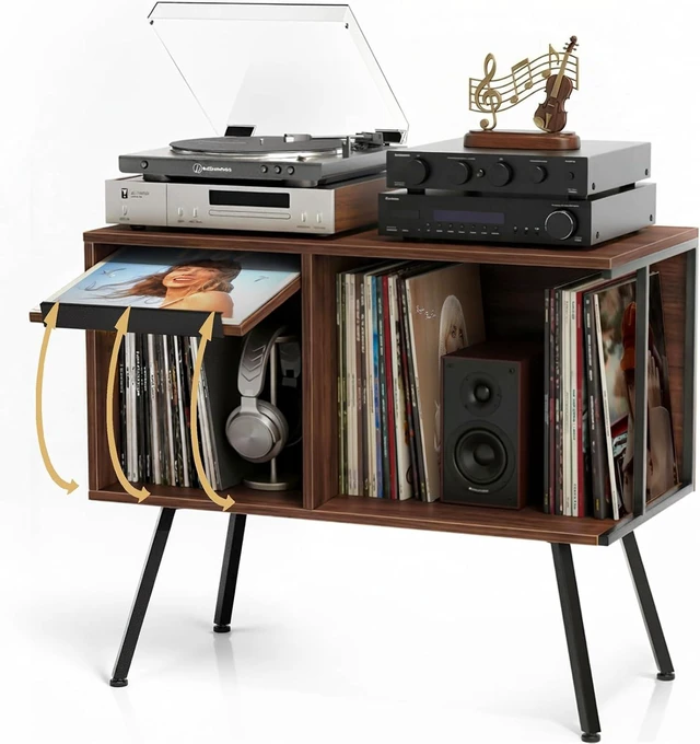 Main image of Record Player Stand with Flip-Down Record Shelf, Vinyl Record Storage Holds up to 150+ Albums, Turntable Stand with Album Display, Record Table with Large Open Storage Walnut