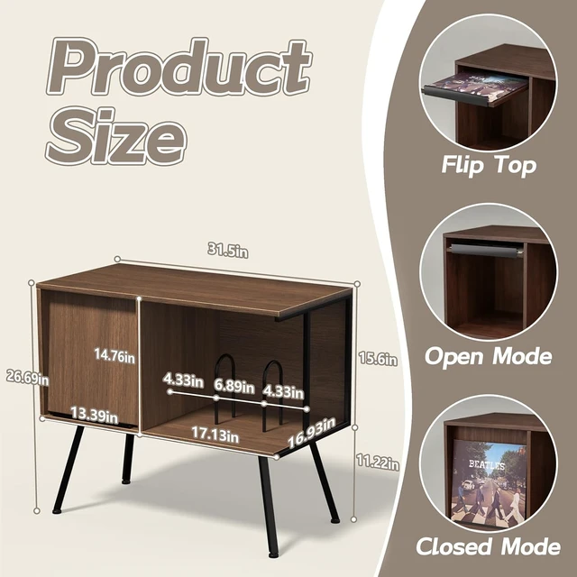 Alt view image 6 of 7 - Record Player Stand with Flip-Down Record Shelf, Vinyl Record Storage Holds up to 150+ Albums, Turntable Stand with Album Display, Record Table with Large Open Storage Walnut