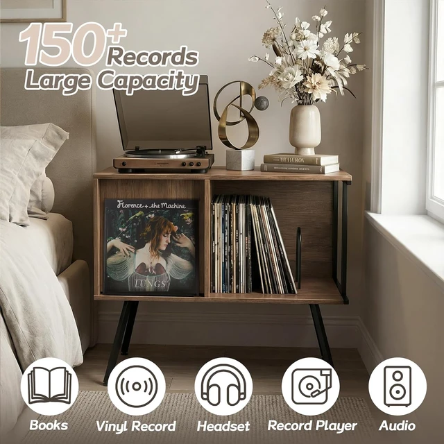 Alt view image 2 of 7 - Record Player Stand with Flip-Down Record Shelf, Vinyl Record Storage Holds up to 150+ Albums, Turntable Stand with Album Display, Record Table with Large Open Storage Walnut