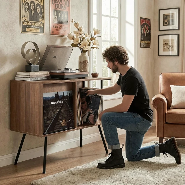 Alt view image 3 of 7 - Record Player Stand with Flip-Down Record Shelf, Vinyl Record Storage Holds up to 150+ Albums, Turntable Stand with Album Display, Record Table with Large Open Storage Walnut