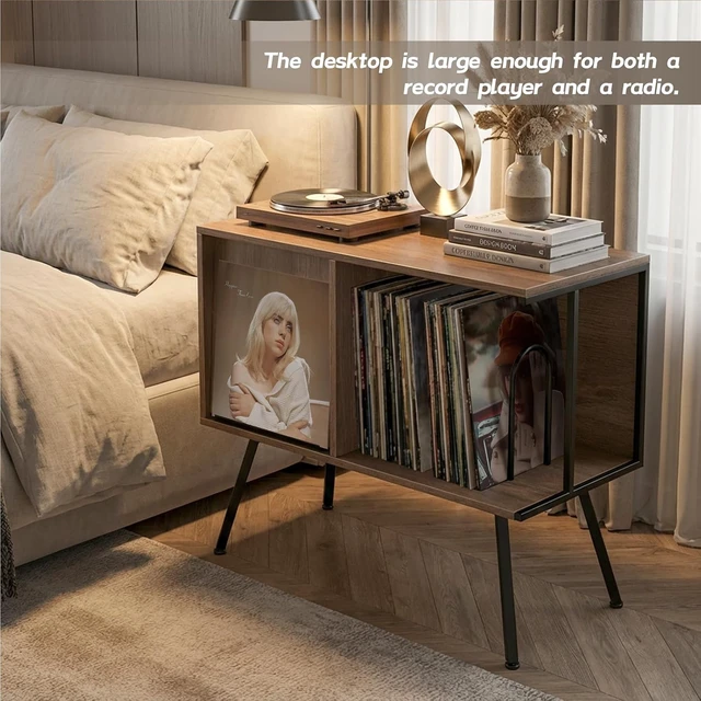 Alt view image 4 of 7 - Record Player Stand with Flip-Down Record Shelf, Vinyl Record Storage Holds up to 150+ Albums, Turntable Stand with Album Display, Record Table with Large Open Storage Walnut