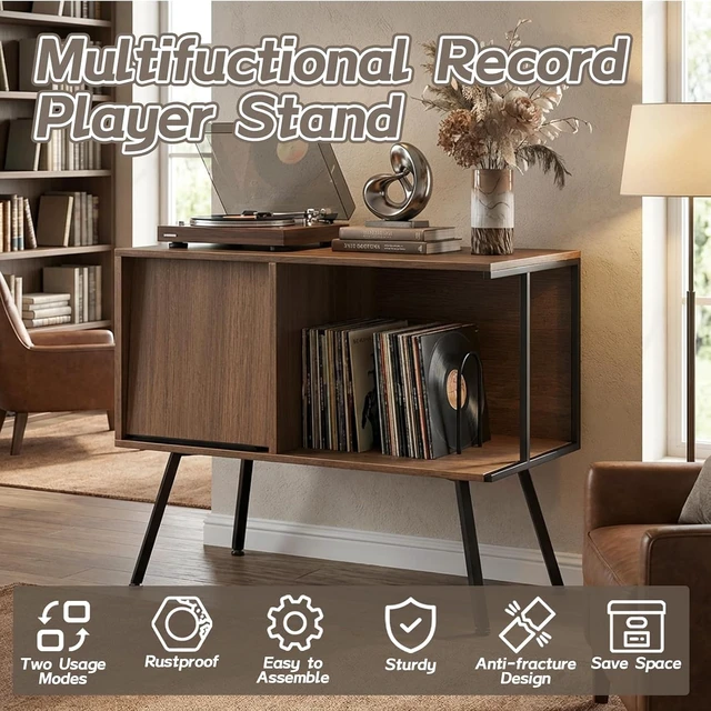 Alt view image 5 of 7 - Record Player Stand with Flip-Down Record Shelf, Vinyl Record Storage Holds up to 150+ Albums, Turntable Stand with Album Display, Record Table with Large Open Storage Walnut