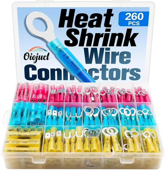 Main image of 260Pcs Heat Shrink Wire Connectors Kit - Marine Automotive Electrical Connectors - Crimp Terminal Set for Electrical Wiring - Waterproof Fork Spade Ring Butt Connector Assortment