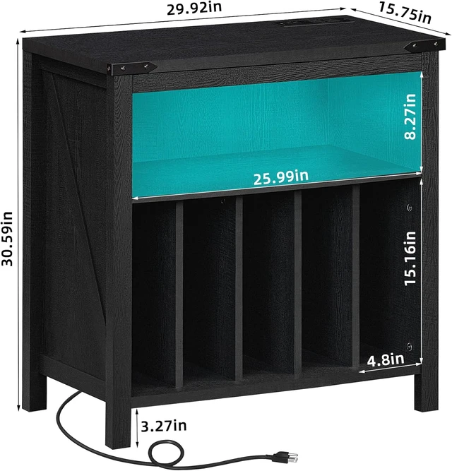 Alt view image 2 of 4 - Large Record Player Stand with Charging Station & LED Lights, Vinyl Records Storage Holder Cabinet Holds up to 230 Albums, Turntable Stand for Music Room, Bedroom, Living Room, Office (Black)