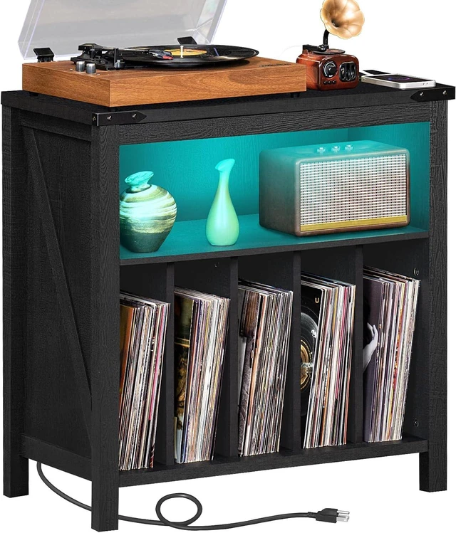 Main image of Large Record Player Stand with Charging Station & LED Lights, Vinyl Records Storage Holder Cabinet Holds up to 230 Albums, Turntable Stand for Music Room, Bedroom, Living Room, Office (Black)