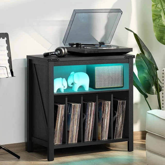 Alt view image 3 of 4 - Large Record Player Stand with Charging Station & LED Lights, Vinyl Records Storage Holder Cabinet Holds up to 230 Albums, Turntable Stand for Music Room, Bedroom, Living Room, Office (Black)