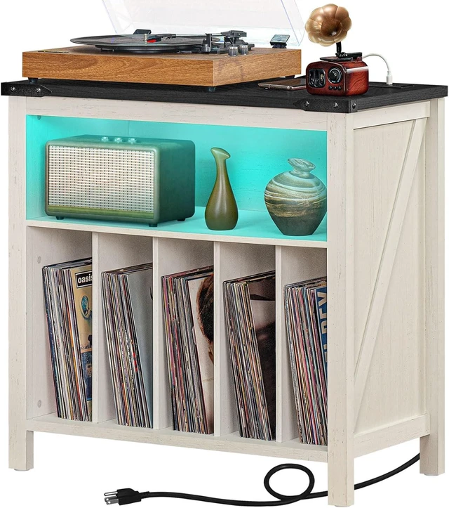 Main image of Large Record Player Stand with Charging Station & LED Lights, Vinyl Records Storage Holder Cabinet Holds up to 230 Albums, Turntable Stand for Music Room, Bedroom, Living Room, Office (White)