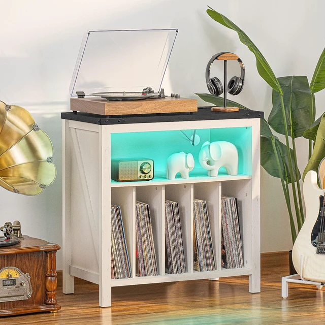 Alt view image 4 of 4 - Large Record Player Stand with Charging Station & LED Lights, Vinyl Records Storage Holder Cabinet Holds up to 230 Albums, Turntable Stand for Music Room, Bedroom, Living Room, Office (White)