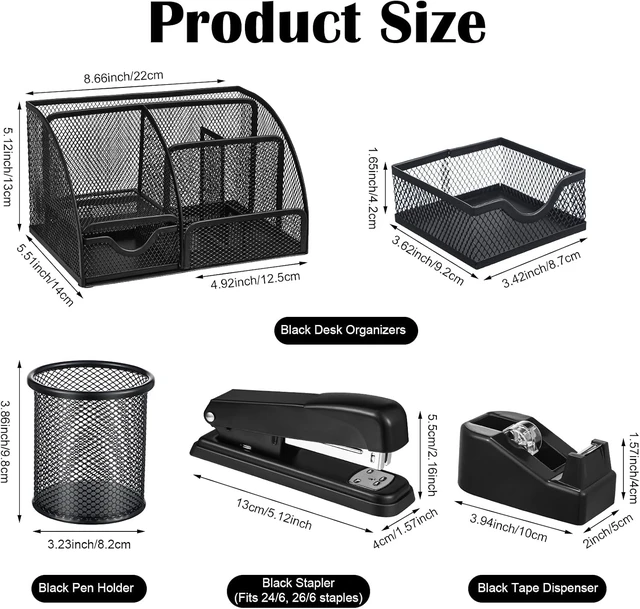 Alt view image 2 of 7 - Black Desk Organizer and Accessories, Black Desk Asccessories Office Supply Kit Include Mesh Desktop Organizer Stapler 1000 Staples Tape Dispenser Pen Holder Staple Remover Clips Ruler Scissors