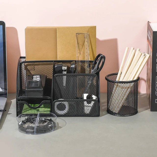 Alt view image 4 of 7 - Black Desk Organizer and Accessories, Black Desk Asccessories Office Supply Kit Include Mesh Desktop Organizer Stapler 1000 Staples Tape Dispenser Pen Holder Staple Remover Clips Ruler Scissors