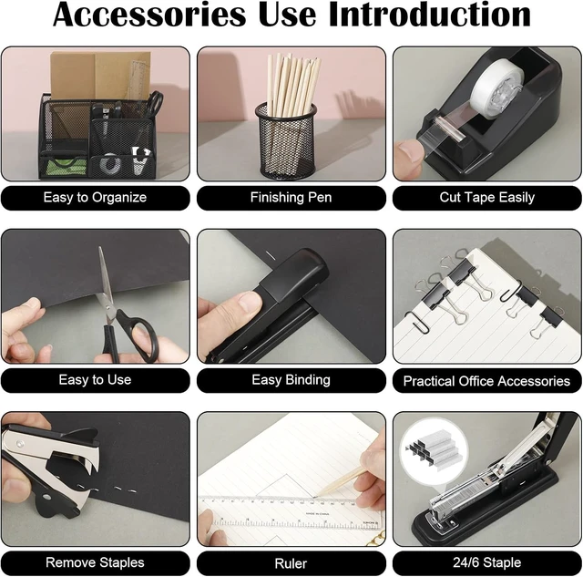 Alt view image 5 of 7 - Black Desk Organizer and Accessories, Black Desk Asccessories Office Supply Kit Include Mesh Desktop Organizer Stapler 1000 Staples Tape Dispenser Pen Holder Staple Remover Clips Ruler Scissors