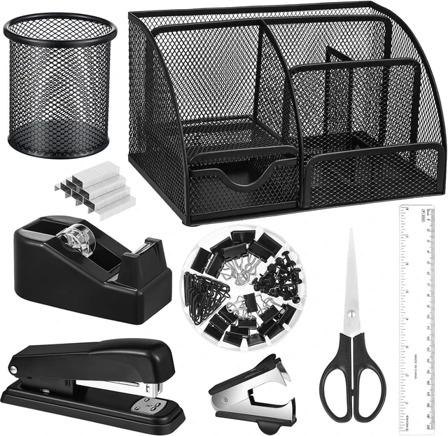 Main image of Black Desk Organizer and Accessories, Black Desk Asccessories Office Supply Kit Include Mesh Desktop Organizer Stapler 1000 Staples Tape Dispenser Pen Holder Staple Remover Clips Ruler Scissors
